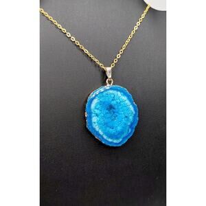 Blue Druzy Quartz Slice Pendant Necklace – Gold Tone Brass Chain 18"